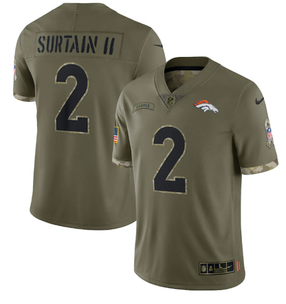 Men's Denver Broncos #2 Pat Surtain II 2022 Olive Salute To Service Limited Stitched Jersey